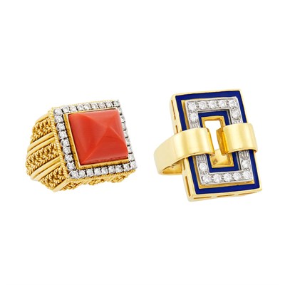 Lot 1503 - Gold, Coral and Diamond Ring and Enamel and Diamond Ring