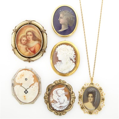 Lot 1407 - Six Gold, Low Karat Gold, Metal, Diamond, Cameo and Portrait Pendants and Brooches