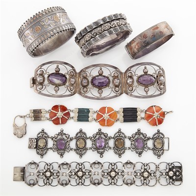 Lot 2126 - Seven Silver, Metal, Gem-Set and Scottish Agate Bracelets and Bangle Bracelets