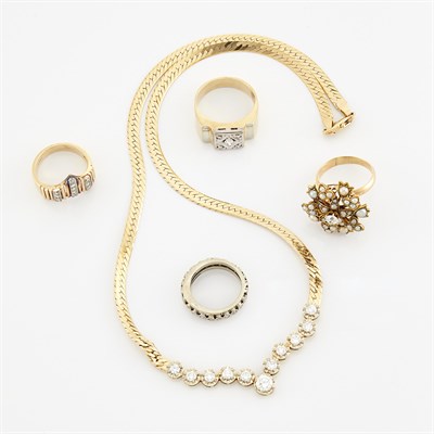 Lot 1799 - Four Two-Color Gold, Diamond and Split Pearl Rings and Necklace