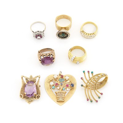Lot 1886 - Group of Two-Color Gold, Diamond and Gem-Set Rings, Pendants and Pin