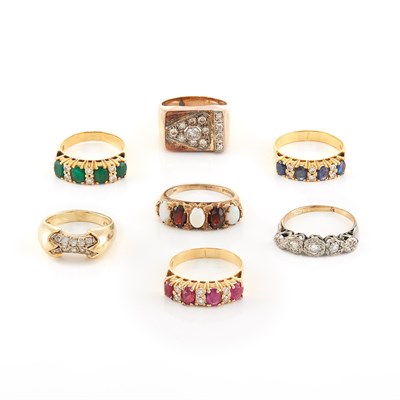 Lot 2130 - Seven Gold, Low Karat Gold, Platinum, Diamond and Gem-Set Rings