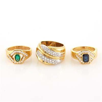 Lot 1860 - Three Gold, Sapphire, Emerald and Diamond Rings, Damiani
