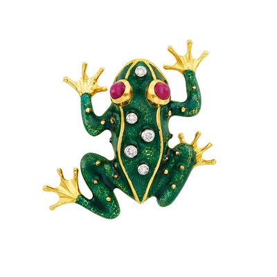 Lot 411 - Gold, Green Enamel, Cabochon Ruby and Diamond Frog Brooch