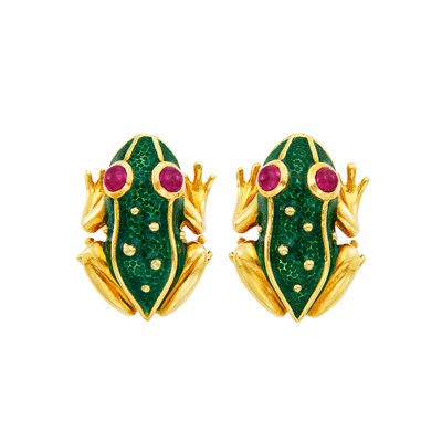 Lot 412 - Pair of Gold, Green Enamel, Cabochon Ruby and Diamond Frog Earclips