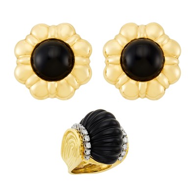 Lot 12 - Pair of Gold and Black Onyx Flower Earclips and Ring