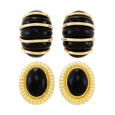 Lot 33 - Pair of Black Onyx and Gold Shrimp Earclips and Gold and Black Onyx Earclips