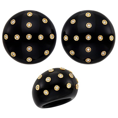 Lot 29 - Pair of Black Onyx, Gold and Diamond Earclips and Dome Ring