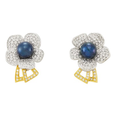 Lot 20 - Pair of Two-Color Gold, Black Cultured Pearl and Diamond Flower Earclips