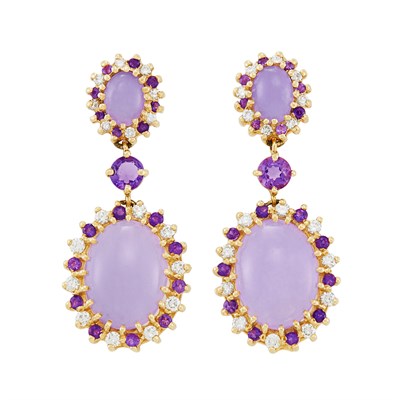Lot 263 - Pair of Gold, Lavender Jade, Amethyst and Diamond Pendant-Earclips