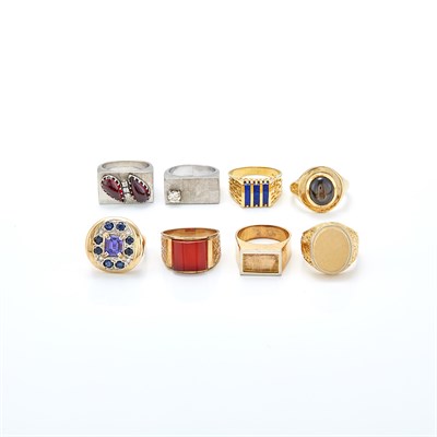 Lot 1590 - Eight Gold, Low Karat Gold, Hardstone, Gem-Set and Synthetic Stone Rings