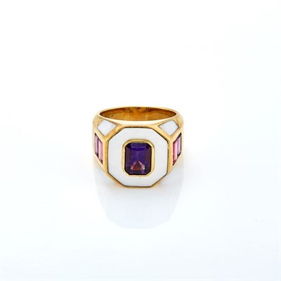 Lot 1269 - Gold, Amethyst, Pink Tourmaline and Mother-of-Pearl Ring