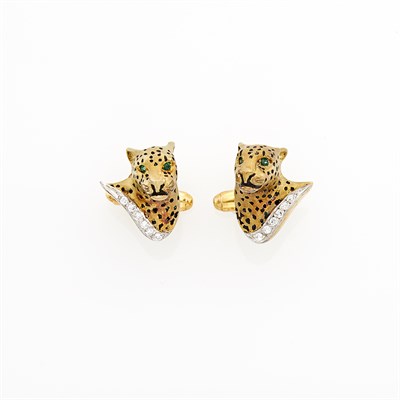 Lot 1558 - Pair of Gold, Platinum, Black Enamel, Diamond and Emerald Leopard Cufflinks