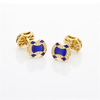 Lot 1178 - Pair of Gold, Blue Enamel and Diamond Cufflinks