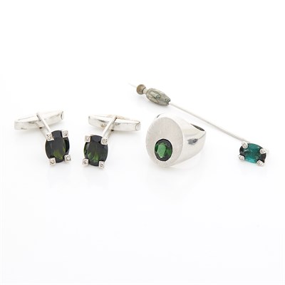 Lot 1720 - Pair of White Gold and Tourmaline Cufflinks, Ring and Stick Pin