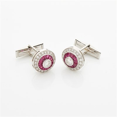 Lot 1172 - Pair of White Gold, Diamond and Synthetic Ruby Cufflinks