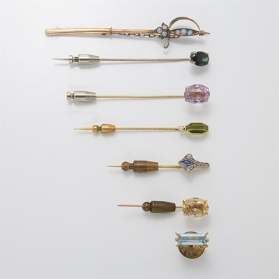 Lot 1468 - Group of Six Gold, Gold-Filled, Metal and Colored Stone Stick Pins and Tie Tac