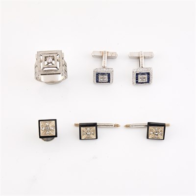 Lot 1466 - Group of White Gold, Diamond and Synthetic Sapphire Jewelry