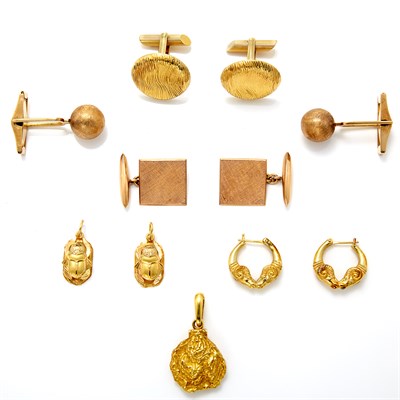 Lot 1181 - Three Pairs of Gold Cufflinks, Pair of Earrings and Three Charms