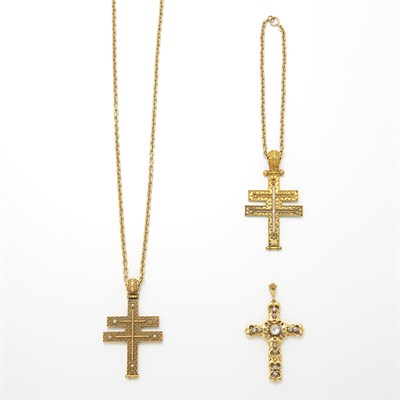 Lot 1409 - Three Gold, Silver, Metal and Diamond Cross Pendants with Chains