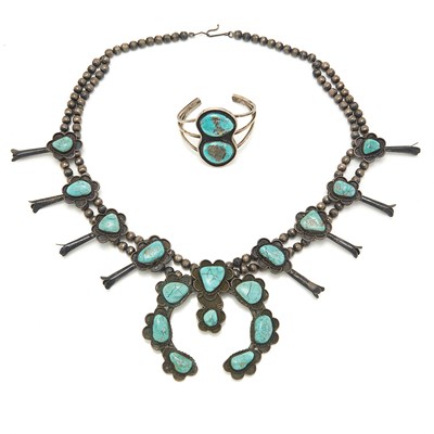 Lot 1803 - Silver and Turquoise Squash Blossom Necklace and Bracelet