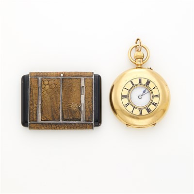 Lot 1749 - Gold Demi-Hunting Case Pocket Watch and Silver and Leather Travel Clock