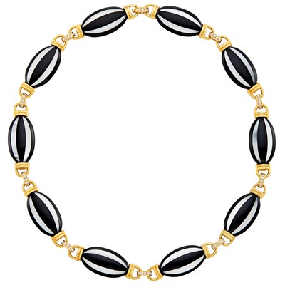 Lot 32 - Gold, Black Onyx, Mother-of-Pearl and Diamond Link Necklace