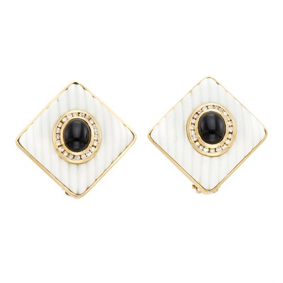 Lot 146 - Pair of Gold, Fluted White and Black Onyx and Diamond Earclips