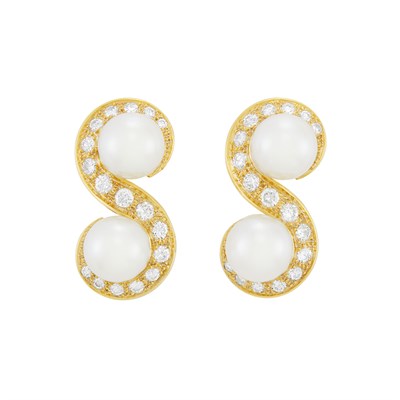 Lot 191 - Pair of Gold, Cultured Pearl and Diamond Earclips, France