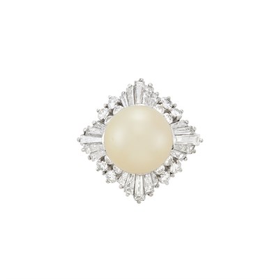 Lot 389 - White Gold, Light Golden Cultured Pearl and Diamond Ring