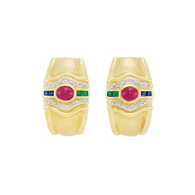 Lot 168 - Pair of Gold, Cabochon Ruby, Sapphire, Emerald and Diamond Earclips