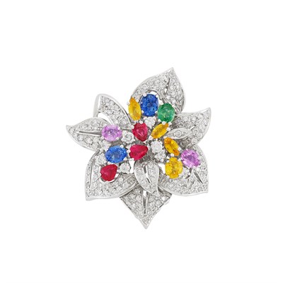 Lot 249 - White Gold, Multicolored Sapphire and Diamond Flower Ring