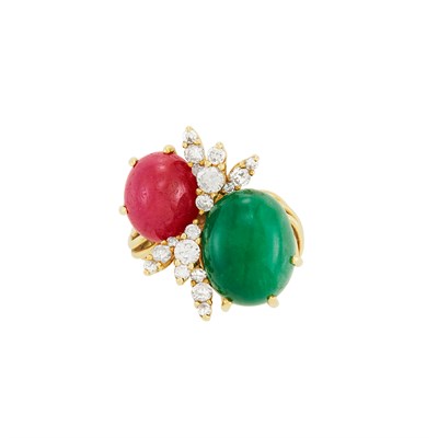 Lot 167 - Gold, Cabochon Emerald and Ruby and Diamond Ring, Erwin Pearl