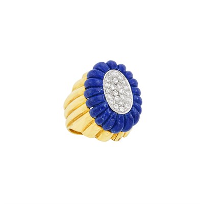 Lot 200 - Gold, Fluted Lapis and Diamond Ring