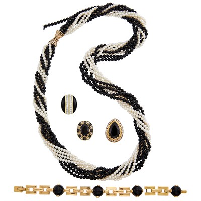Lot 274 - Group of Black Onyx, Cultured Pearl, Gold and Diamond Jewelry