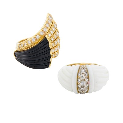 Lot 136 - Two Gold, Fluted Black Onyx, White Agate and Diamond Rings