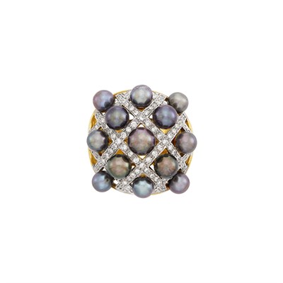 Lot 58 - Two-Color Gold, Black Freshwater Pearl and Diamond Ring