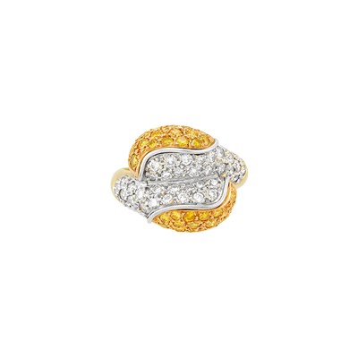 Lot 386 - Two-Color Gold, Diamond and Colored Diamond Crossover Ring