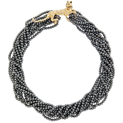 Lot 125 - Five Strand Hematite Bead Necklace with Gold and Diamond Panther Clasp
