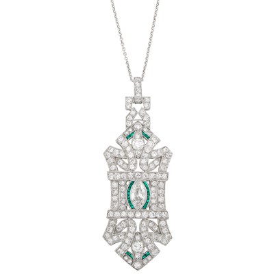 Lot 465 - Platinum, Diamond and Simulated Emerald Pendant-Brooch with Chain Necklace