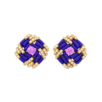 Lot 414 - Pair of Gold, Lapis, Pink Sapphire and Diamond Earclips, Tiffany & Co.