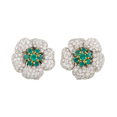 Lot 309 - Pair of Platinum, Emerald and Diamond Flower Earclips