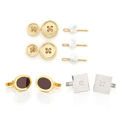 Lot 1767 - Pair of Gold and Carnelian Cufflinks, Tiffany & Co., White Gold and Diamond Cufflinks, Gold Button Cufflinks and Three Gilt Studs