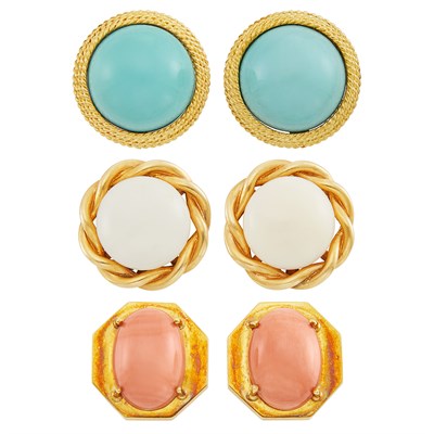 Lot 127 - Pair of Gold and Coral Earclips, Cartier, and Two Pairs of Gold, Turquoise and White Coral Earclips