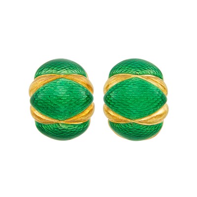 Lot 258 - Pair of Gold and Green Enamel Bombé Earclips, Tiffany & Co.