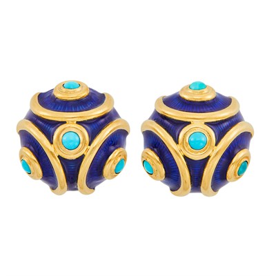 Lot 135 - Pair of Gold, Blue Enamel and Turquoise Earclips, Tiffany & Co.