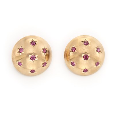 Lot 1474 - Pair of Gold and Ruby Dome Earclips