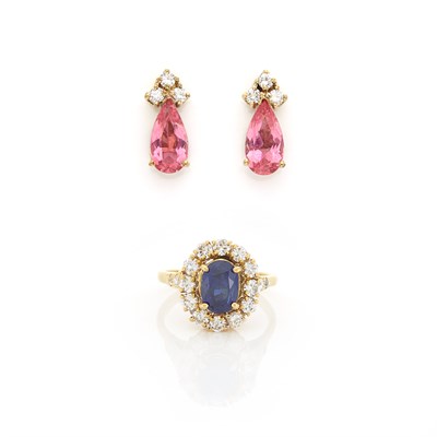 Lot 1991 - Pair of Gold, Pink Tourmaline and Diamond Earrings, Tiffany & Co., and Gold, Sapphire and Diamond Ring