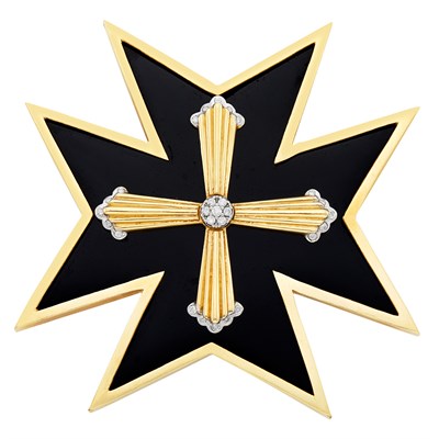 Lot 42 - Gold, Black Onyx and Diamond Maltese Cross Clip-Brooch with Interchangeable Centers