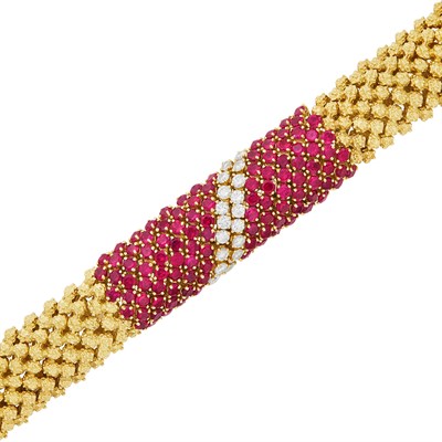 Lot 428 - Gold, Synthetic Ruby and Diamond Bombé Bracelet